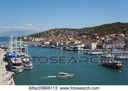 "View from Kamerlengo Castle of the harbour with the promenade, historic centre, Trogir, Split-Dalmatia County, Croatia, Europe" View Large Photo Image Stock Image - "View from Kamerlengo Castle of the harbour with the promenade, historic centre, Trogir, Split-Dalmatia County, Croatia, Europe". Fotosearch