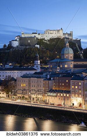 Stock Photograph - "View from Kapuzinerberg hill to the Cathedral and Hohensalzburg Castle, Salzburg, Salzburg State, Austria, Europe". Fotosearch