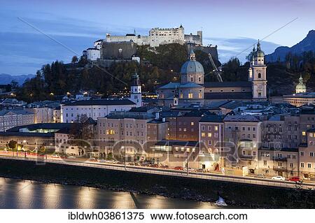 Stock Photography - "View from Kapuzinerberg hill to the Cathedral and Hohensalzburg Castle, Salzburg, Salzburg State, Austria, Europe". Fotosearch