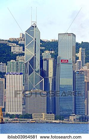 Stock Image - "View from Kowloon on Hong Kong Island's skyline on Hong Kong River, Central, with the Bank of China, Hong Kong, China, Asia". Fotosearch