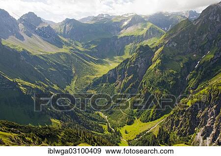 "View from Laufbacher Eck-Weg hiking trail towards the rear Oytal Valley and the basin of the Kaeseralpe Mountains, Allgau, Allgauer Alpen, Bavaria, Germany, Europe" View Large Photo Image Stock Photo - "View from Laufbacher Eck-Weg hiking trail towards the rear Oytal Valley and the basin of the Kaeseralpe Mountains, Allgau, Allgauer Alpen, Bavaria, Germany, Europe". Fotosearch