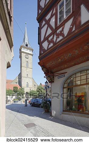Stock Photo - View from Marktstrasse towards Marktplatz square with the Collegiate Church of Sts. Peter and Paul, Oehringen, Hohenlohe, Baden-Wuerttemberg, Germany, Europe. Fotosearch