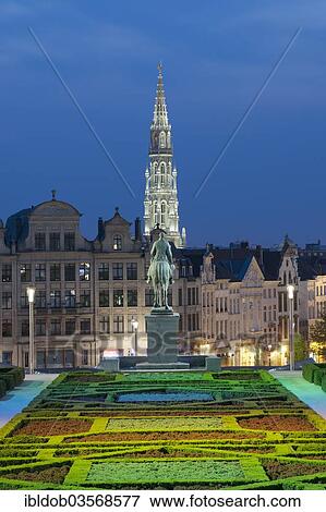 "View from Mont des Arts, Mont des Arts, at the equestrian statue of King Albert I and Town Hall Tower, Brussels, Brussels Region, Belgium, Europe" View Large Photo Image Stock Photo - "View from Mont des Arts, Mont des Arts, at the equestrian statue of King Albert I and Town Hall Tower, Brussels, Brussels Region, Belgium, Europe". Fotosearch