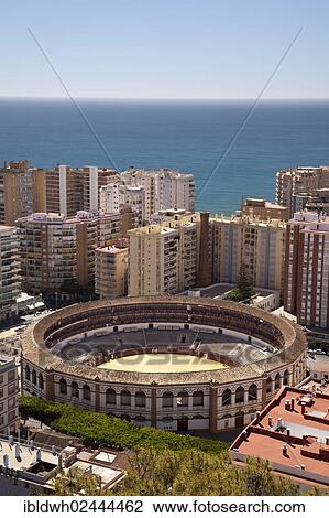 "View from Monte de Gibralfaro over a bullring surrounded by skyscrapers, Malaga, Andalucia, Spain, Europe, PublicGround, Europe" View Large Photo Image Stock Image - "View from Monte de Gibralfaro over a bullring surrounded by skyscrapers, Malaga, Andalucia, Spain, Europe, PublicGround, Europe". Fotosearch