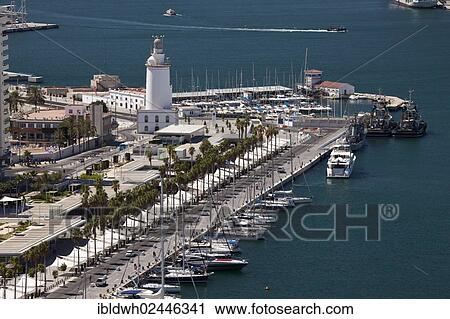Stock Image - "View from Monte de Gibralfaro over the harbour and the marina, Malaga, Andalusia, Spain, Europe, PublicGround, Europe". Fotosearch