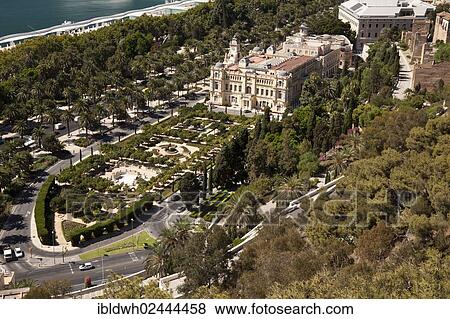 "View from Monte de Gibralfaro over the gardens of Jardines de Pedro Luis Alonso with the Town Hall, El Ayuntamiento, Malaga, Andalucia, Spain, Europe, PublicGround, Europe" View Large Photo Image Stock Photo - "View from Monte de Gibralfaro over the gardens of Jardines de Pedro Luis Alonso with the Town Hall, El Ayuntamiento, Malaga, Andalucia, Spain, Europe, PublicGround, Europe". Fotosearch