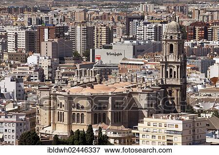 Stock Photo - "View from Monte de Gibralfaro over the historic town centre with Malaga Cathedral Catedral de la Encarnacion, Malaga, Andalusia, Spain, Europe, PublicGround, Europe". Fotosearch