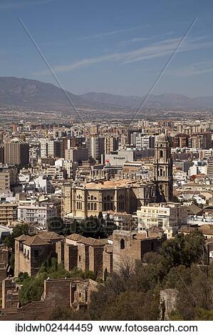 "View from Monte de Gibralfaro towards the historic city centre and Catedral de la Encarnacion, Malaga Cathedral, Malaga, Andalucia, Spain, Europe" View Large Photo Image Stock Photo - "View from Monte de Gibralfaro towards the historic city centre and Catedral de la Encarnacion, Malaga Cathedral, Malaga, Andalucia, Spain, Europe". Fotosearch