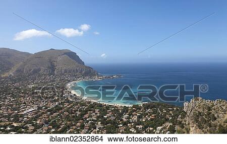 "View from Monte Pellegrino, the local mountain of Palermo, to Mondello, Palermo, Sicily, Italy, Europe" View Large Photo Image Picture - "View from Monte Pellegrino, the local mountain of Palermo, to Mondello, Palermo, Sicily, Italy, Europe". Fotosearch