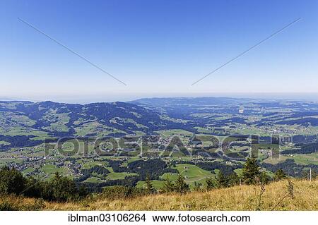Picture - "View from Mount Niedere with the villages of Egg, centre, and Grossdorf, right, Berg Niedere, Andelsbuch, Egg, Bregenzerwald, Bregenzer Wald, Vorarlberg, Austria, Europe". Fotosearch
