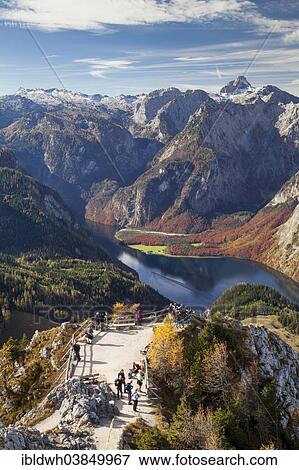 Stock Photo - "View from Mt Jenner of the viewing platform with Konigssee Lake and Mt Watzmann, Berchtesgaden National Park, Berchtesgaden Alps, Berchtesgadener Land district, Upper Bavaria, Bavaria, Germany, Europe". Fotosearch