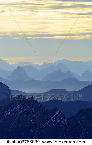 Stock Photo - "View from Mt Saentis of the Central Alps, Klein Mythen and Gross Mythen mountain ranges at back, Schwaegalp, Canton of St. Gallen, Switzerland, Europe". Fotosearch