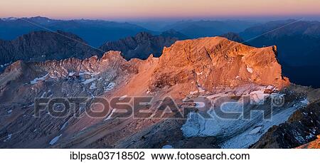 "View from Mt. Zugspitze to Mt. Schneefernerkopf toward Tyrol, Zugspitzplatt, Wetterstein mountain range, Werdenfelser Land, Upper Bavaria, Bavaria, Germany, Europe" View Large Photo Image Stock Image - "View from Mt. Zugspitze to Mt. Schneefernerkopf toward Tyrol, Zugspitzplatt, Wetterstein mountain range, Werdenfelser Land, Upper Bavaria, Bavaria, Germany, Europe". Fotosearch