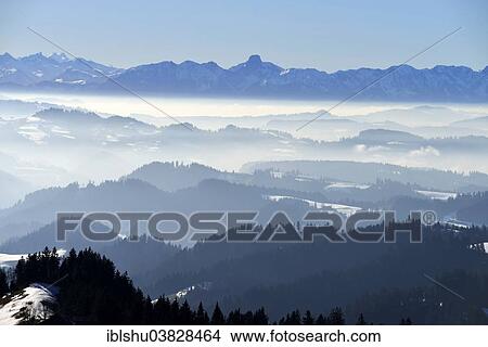 Picture - "View from Napf mountain onto the Bernese Alps, Stockhorn mountain at the back, Canton of Bern, Switzerland, Europe". Fotosearch