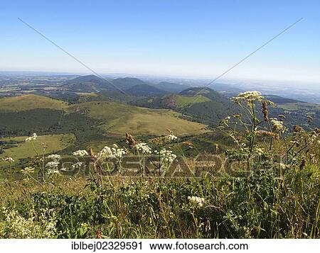 Stock Image - "View from Puy de Dome onto the volcanic landscape Chaine des Puys', France, Auvergne, Europe". Fotosearch