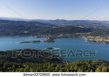 Stock Image - "View from Pyramidenkogel Mountain, Lake Woerth, Poertschach am Woerthersee, Keutschach am See, Carinthia, Austria, Europe". Fotosearch
