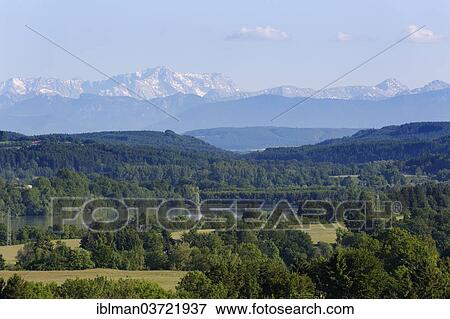 Stock Photo - "View from Reichling over the Lech River towards Zugspitze Mountain, Alpine Foothills, Reichling, Upper Bavaria, Bavaria, Germany, Europe". Fotosearch