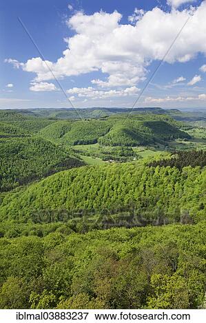 Stock Photo - "View from Rossbergturm tower over the Albtrauf escarpment near Mossingen, Swabian Jura, Baden-Wurttemberg, Germany, Europe". Fotosearch