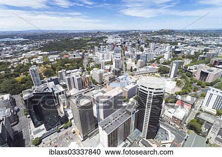 Stock Image - "View from Skytower over Auckland towards Mount Eden, Mount St. John and Mount Hobson, Auckland, Auckland Region, New Zealand, Oceania". Fotosearch