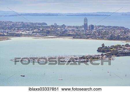 Stock Image - "View from Skytower over Shoal Bay and Hauraki, Auckland, Auckland Region, New Zealand, Oceania". Fotosearch