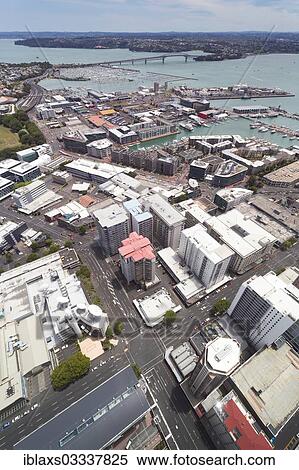 Stock Photography - "View from Skytower over the harbour towards the Harbour Bridge, Auckland, Auckland Region, New Zealand, Oceania". Fotosearch