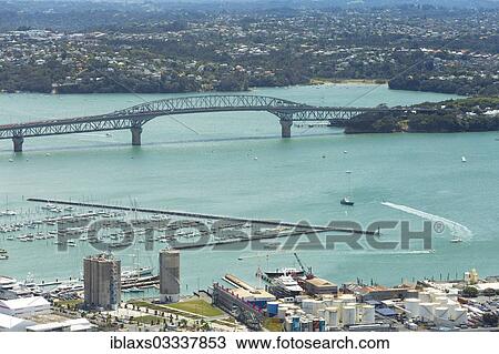 Stock Image - "View from Skytower towards the Harbour Bridge, Auckland, Auckland Region, New Zealand, Oceania". Fotosearch