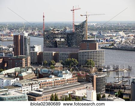 Stock Photo - "View from St. Michaelis Church towards the Elbe Philharmonic Hall and the harbour, Hamburg, Germany, Europe". Fotosearch