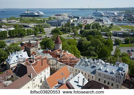 Stock Image - "View from St. Olaf's Church of the Lower Town with the port, historic centre, Tallinn, Estonia, Baltic States, Europe". Fotosearch