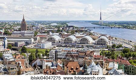 "View from St. Peter's Church on the historic centre with Riga Central Market, Academy of Sciences, TV Tower and the Daugava river or Western Dvina, Riga, Latvia, Europe" View Large Photo Image Stock Photography - "View from St. Peter's Church on the historic centre with Riga Central Market, Academy of Sciences, TV Tower and the Daugava river or Western Dvina, Riga, Latvia, Europe". Fotosearch