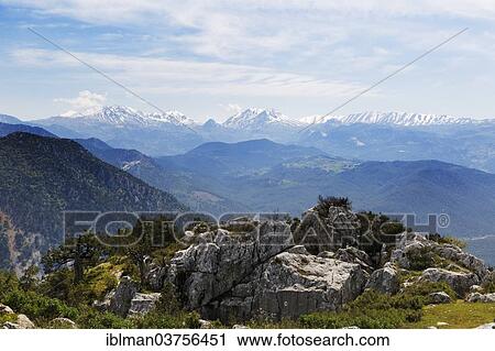 Stock Image - "View from Termessos towards the south over the Taurus Mountains, Taurus Mountains, Termessos, Antalya Province, Turkey, Asia". Fotosearch
