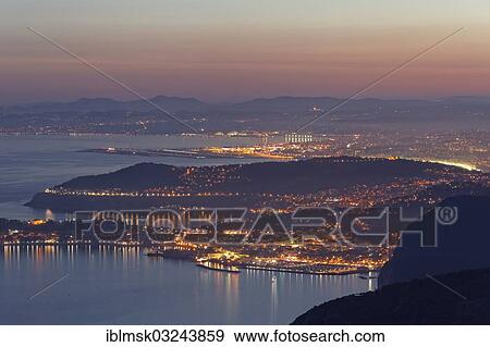 Stock Photo - "View from Tete de Chien over the Cote d'Azur near Villefranche-sur-Mer and Saint-Jean-Cap-Ferat, Nice at the rear, in the evening, La Turbie, Departement Alpes-Maritimes, Region Provence-Alpes-Cote d? ÇÖAzur, France, Europe". Fotosearch