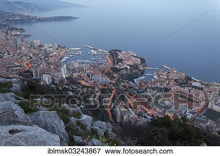 Stock Photo - "View from Tete de Chien over the Principality of Monaco, evening mood, La Turbie, Departement Alpes-Maritimes, Region Provence-Alpes-Cote d? ÇÖAzur, France, Europe". Fotosearch