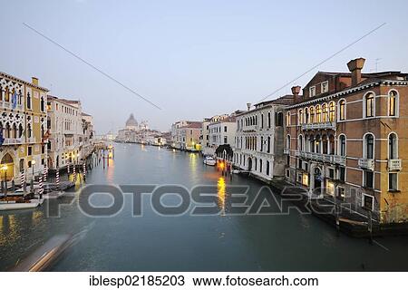 Stock Image - "View from the Accademia Bridge, Ponte dell' Accademia, on Canal Grande, Grand Canal, Palazzo Brandolin Rota, Palazzo Contarini dal Zaffo, Venice, Venezia, Veneto, Italy, Europe". Fotosearch
