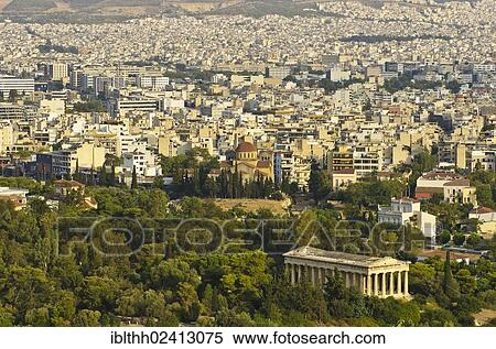 Stock Photography - View from the Acropolis over the city of Athens, with Teseyon, the Temple of Hephaestus, in the foreground, Athens, Greece, Europe. Fotosearch