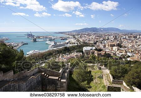 "View from the Alcazaba, Moorish fortress, harbour, Castillo de Gibralfaro castle on Mount Gibralfaro, Malaga, Andalusia, Spain, Europe" View Large Photo Image Stock Photo - "View from the Alcazaba, Moorish fortress, harbour, Castillo de Gibralfaro castle on Mount Gibralfaro, Malaga, Andalusia, Spain, Europe". Fotosearch