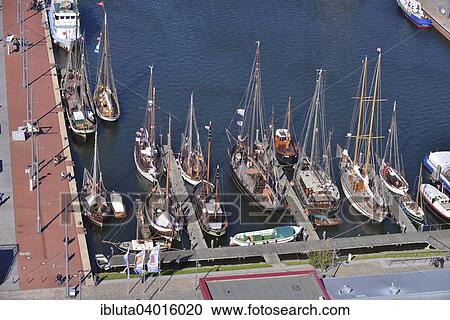 Stock Image - "View from the Atlantic Hotel Sail City on traditional boats in the new harbour, Havenwelten, Bremerhaven, Bremen, Germany, Europe". Fotosearch
