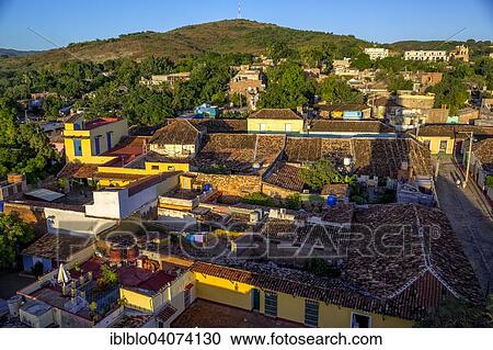 Stock Image - "View from the bell tower of the church Convento de San Francisco de Asis onto the city, Trinidad, Cuba, North America". Fotosearch