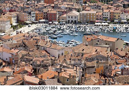 Picture - "View from the bell tower of the Parish Church of St. Euphemia over the historic town centre of Rovinj, Rovingo, Istria, Croatia, Europe, Rovinj, Croatia, Europe". Fotosearch