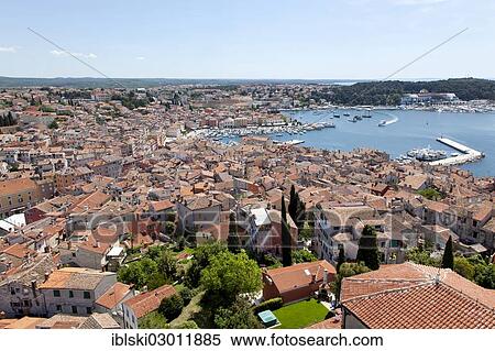 "View from the bell tower of the Parish Church of St. Euphemia over the historic town centre of Rovinj, Rovingo, Istria, Croatia, Europe, Rovinj, Croatia, Europe" View Large Photo Image Stock Photography - "View from the bell tower of the Parish Church of St. Euphemia over the historic town centre of Rovinj, Rovingo, Istria, Croatia, Europe, Rovinj, Croatia, Europe". Fotosearch