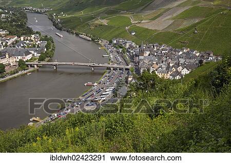 Stock Image - View from the Burg Landshut castle ruins on the Mosellele valley and the town, Bernkastel-Kues, Moselle, Rhineland-Palatinate, Germany, Europe, PublicGround, Europe. Fotosearch