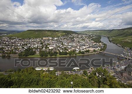Stock Image - View from the Burg Landshut castle ruins on the Mosellele valley and the town, Bernkastel-Kues, Moselle, Rhineland-Palatinate, Germany, Europe, PublicGround, Europe. Fotosearch