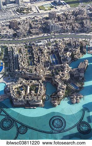 "View from the Burj Khalifa on the Old Town district, Downtown Dubai, Dubai, United Arab Emirates, Asia" View Large Photo Image Stock Image - "View from the Burj Khalifa on the Old Town district, Downtown Dubai, Dubai, United Arab Emirates, Asia". Fotosearch
