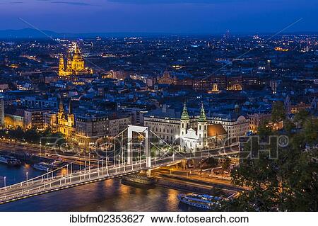 "View from the Citadel to Budapest, Pest, Elisabeth Bridge, dusk, Budapest, Hungary, Europe" View Large Photo Image Stock Photo - "View from the Citadel to Budapest, Pest, Elisabeth Bridge, dusk, Budapest, Hungary, Europe". Fotosearch