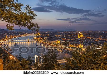 "View from the Citadel to the Danube with the Parliament, Pest, Elisabeth Bridge at front, Chain Bridge, middle, Margaret Bridge at back, dusk, Budapest, Hungary, Europe" View Large Photo Image Stock Photo - "View from the Citadel to the Danube with the Parliament, Pest, Elisabeth Bridge at front, Chain Bridge, middle, Margaret Bridge at back, dusk, Budapest, Hungary, Europe". Fotosearch