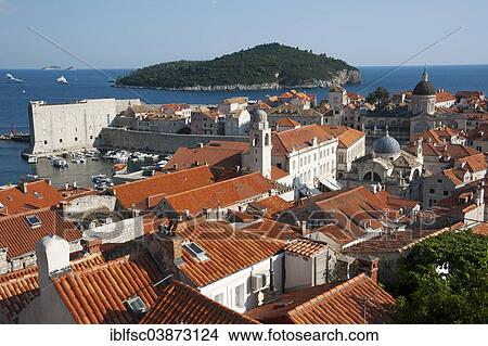 "View from the city wall over the historic town centre towards the island of Lokrum, Dubrovnik, Dalmatia, Croatia, Europe" View Large Photo Image Picture - "View from the city wall over the historic town centre towards the island of Lokrum, Dubrovnik, Dalmatia, Croatia, Europe". Fotosearch