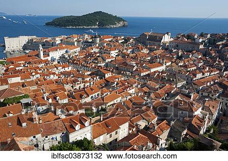 "View from the city wall over the historic town centre towards the island of Lokrum, Dubrovnik, Dalmatia, Croatia, Europe" View Large Photo Image Stock Image - "View from the city wall over the historic town centre towards the island of Lokrum, Dubrovnik, Dalmatia, Croatia, Europe". Fotosearch