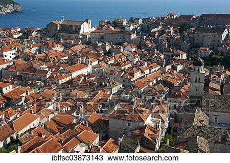 Stock Image - "View from the city walls over the historic town centre, Dubrovnik, Dalmatia, Croatia, Europe". Fotosearch