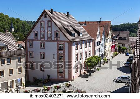 Stock Image - "View from the Collegiate Church of the Holy Cross over the town of Horb am Neckar, Black Forest, Baden-Wuerttemberg, Germany, Europe, PublicGround, Europe". Fotosearch