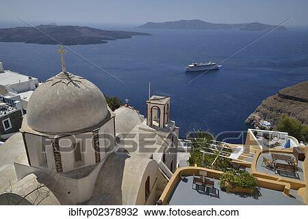 "View from the crater rim across the rooftops of Fira or Thira into the Caldera, Agios Ioannis church at front, Santorini, Cyclades, Greek Islands, Greece, Europe" View Large Photo Image Stock Image - "View from the crater rim across the rooftops of Fira or Thira into the Caldera, Agios Ioannis church at front, Santorini, Cyclades, Greek Islands, Greece, Europe". Fotosearch