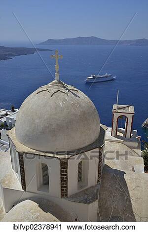 "View from the crater rim across the rooftops of Fira or Thira into the Caldera, Agios Ioannis church at front, Santorini, Cyclades, Greek Islands, Greece, Europe" View Large Photo Image Stock Image - "View from the crater rim across the rooftops of Fira or Thira into the Caldera, Agios Ioannis church at front, Santorini, Cyclades, Greek Islands, Greece, Europe". Fotosearch
